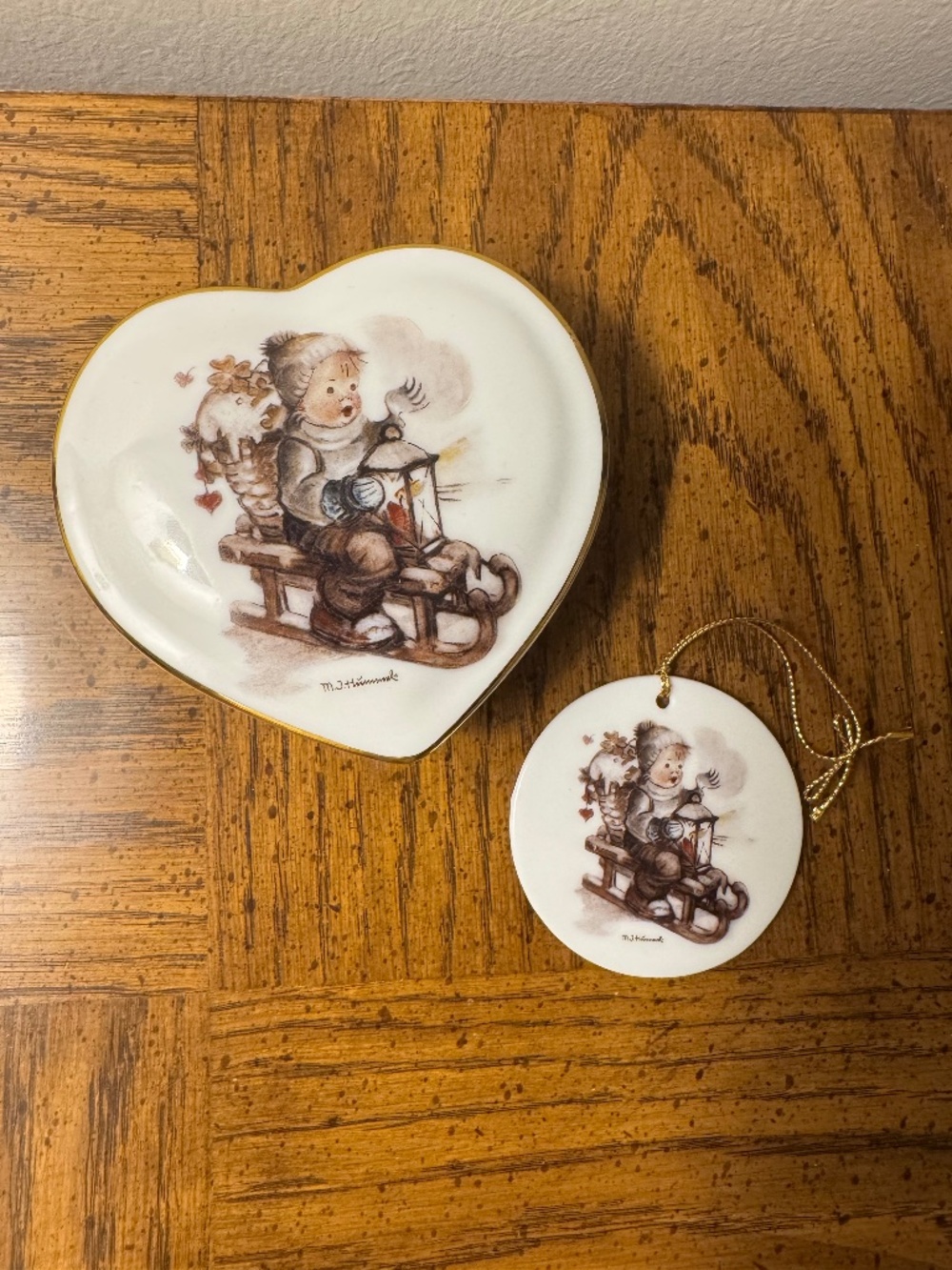 M.J. Hummel Porcelain Trinket Box & Ornament - Child on Sled